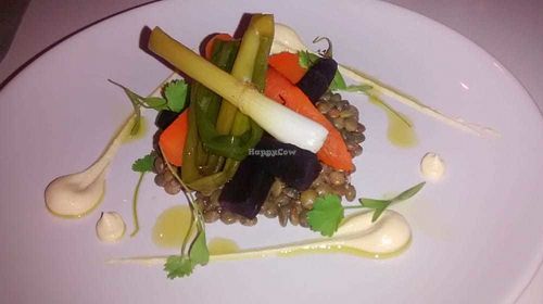 Puy lentils with roasted carrot, spring onion, and garlic tofu at 1847 in Manchester