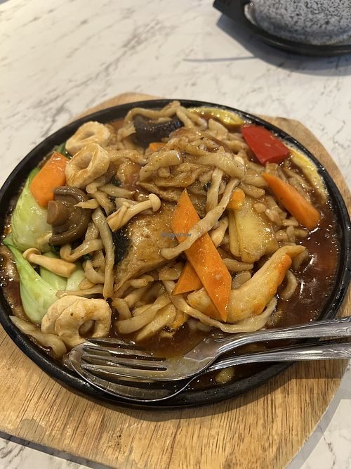 Vegetarian seafood hot plate noodles  at A-One Signature - Waterway Point in Northeast Singapore