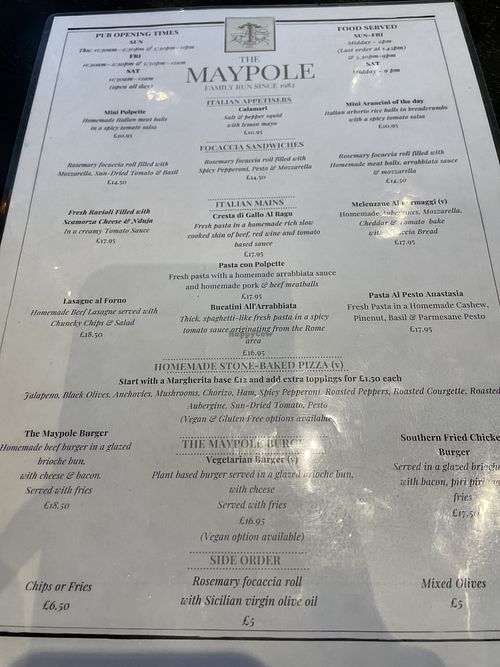 Menu  at The Maypole in Cambridge