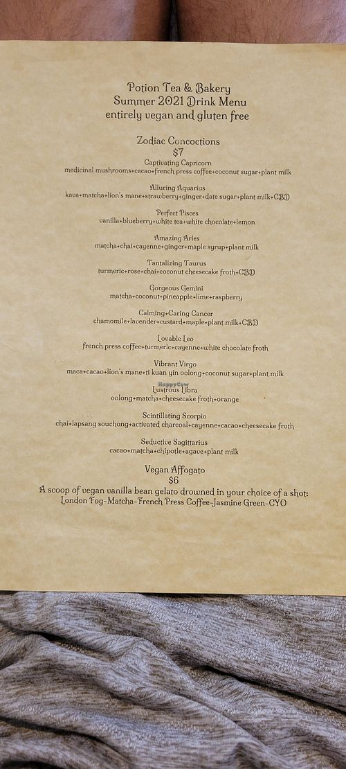 Drink menu at Potion Tea & Bakery in Flagstaff