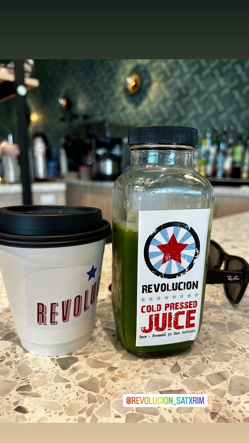 Great juice and amazing mushroom coffee (Oatmilk)  at Revolucion Coffee + Juice RIM in San Antonio