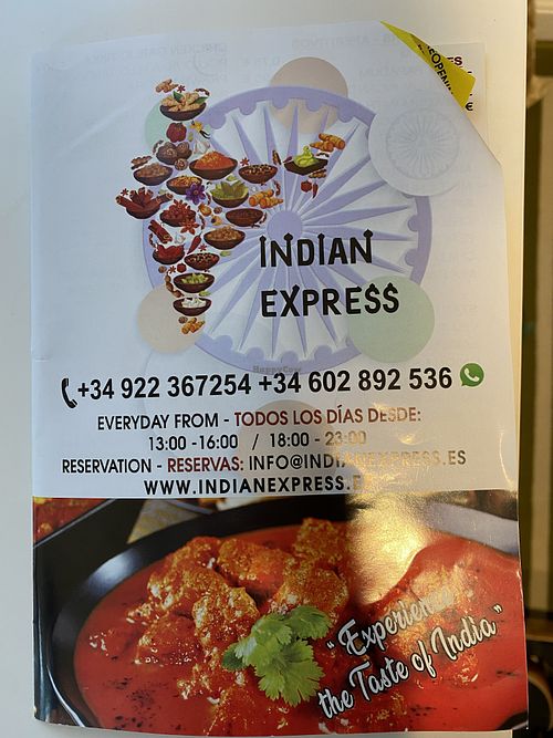 Menu front at Indian Express in Tenerife