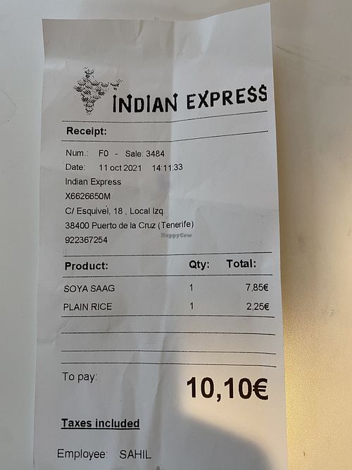 I got soy chunks saag (madras level heat) and plain rice. It made for two meals for me.  at Indian Express in Tenerife