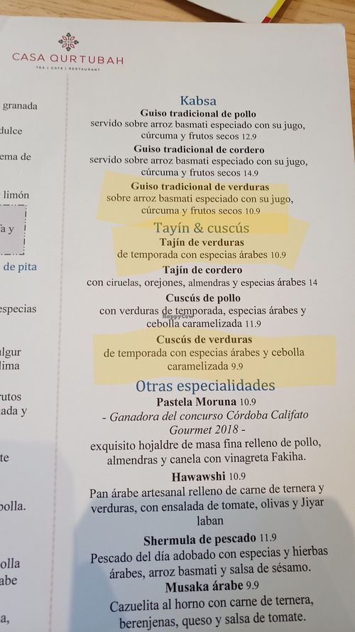 Carta, con al menos 3 opciones principales veganas at Alhamra in Granada