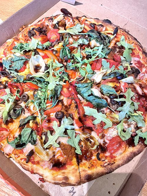 Build your own: red sauce, vegan cheese, spicy chorizo and veggies. Topped with balsamic glaze and arugula!  at Blaze Pizza in Camp Hill