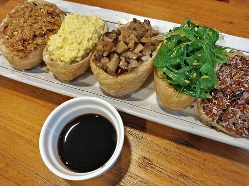 Assorted Inari Platter - Chuka Inari, Tofuegg Mayo Inari, Quinoa Inari, Teriyaki Mushroom Inari, Vegan Floss Inar at The Plant Food  in Central Singapore