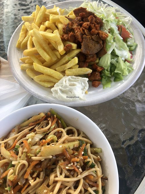 chow mein and vegbab plate at Loving Hut Express in Ljubljana