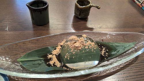 Raindrop Misu Mochi desert. Wouldn't order this again, but was OK. Like gelatine. at WAKI WAKI Veggie Sushi in Bangkok