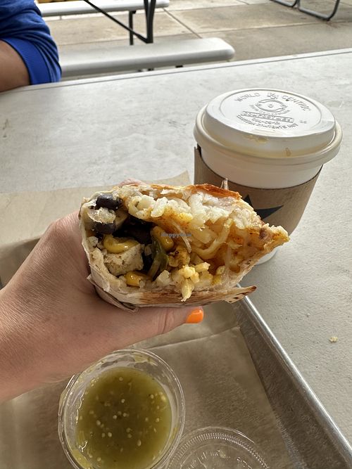 Vegan tofu, black bean, potato burrito   at Lemonjello's Coffee Shop in Holland
