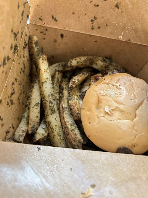Fries with Brazil nut mushroom cheese burger  at Green Street Eatery in Levittown