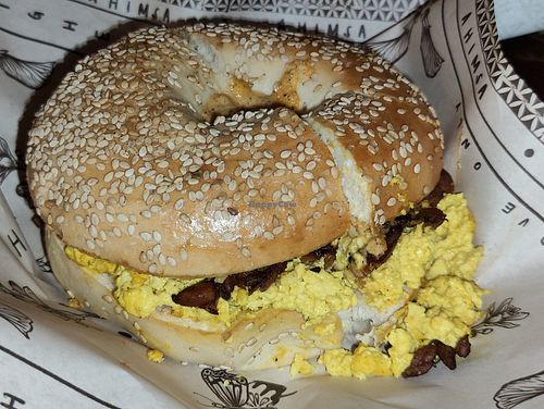 egg, bacon & cheese bagel at Ahimsa Sanctuary in Central Singapore