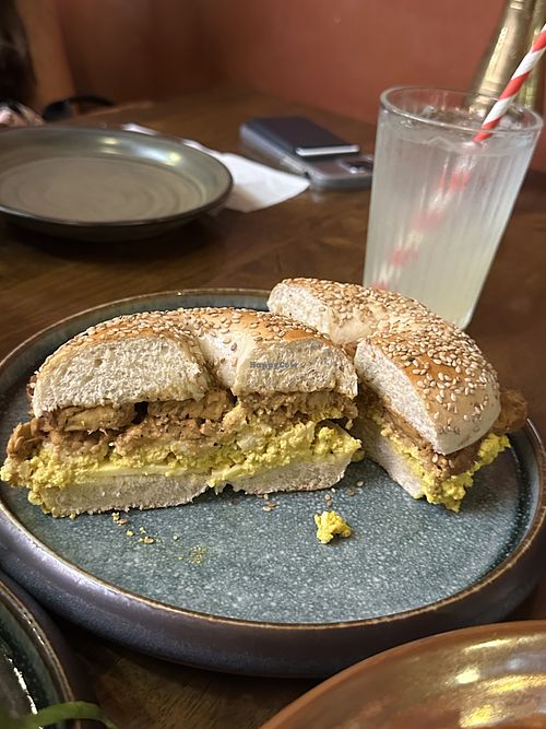 Vegan “egg” bagel with tempeh and tofu scrambleed eggs   at Ahimsa Sanctuary in Central Singapore