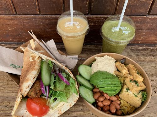 Falafel flatbread, Buddha bowl and smoothies  at Kimmie's Kitchen in Ware