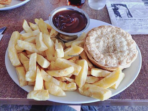Spicy cauliflower and lentil pie with gravy at Papa's Fish and Chips in Cleethorpes