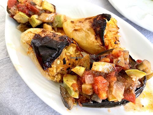 Stuffed peppers and stuffed eggplant at Restaurant Caka in Bajram Curri