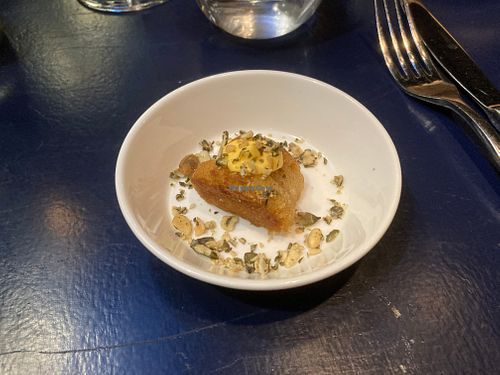 Amuse of pumpkin cake and cream at Le Jardin in Utrecht