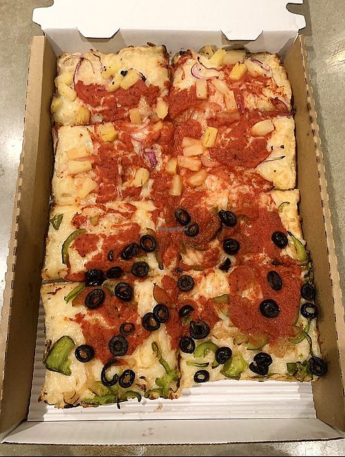 Detroit style pizza with vegan cheese and mixed toppings, bigger than it looks. So good!  at Buddy's Pizza in Troy