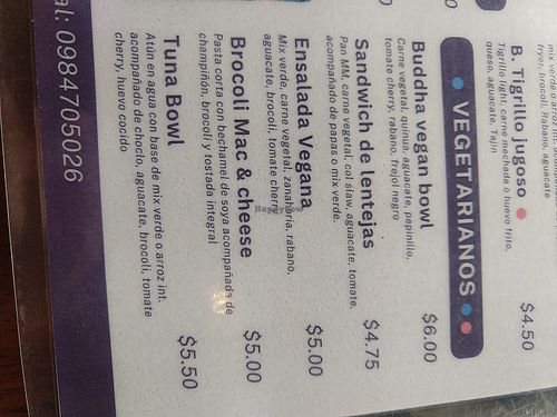 Section of the menu showing vegetarian choices at Sanu in Ibarra