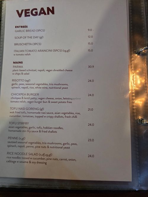 Vegan menu at The Brook in Point Cook