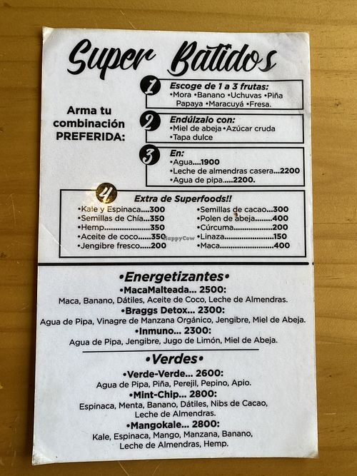 Menu at El Buho Vegetariano in San Jose