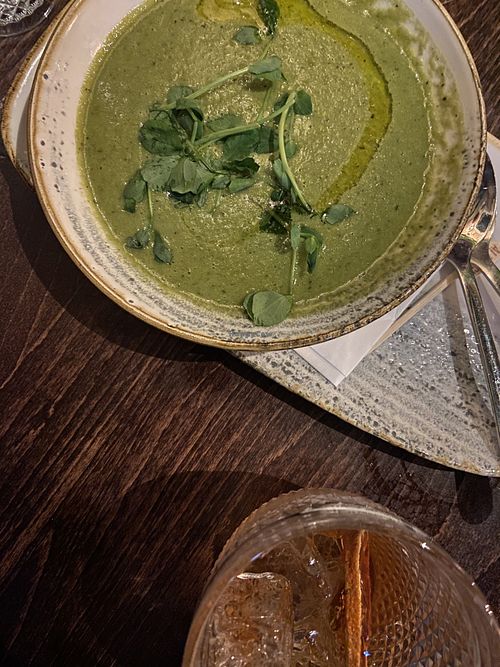 The pea and mint soup is a must!   at Dirty Duck in Stratford-upon-avon
