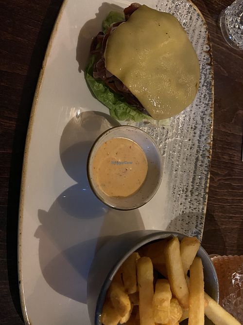 Beyond burger (sans bun) vegan peri peri mayo and hot chips   at Dirty Duck in Stratford-upon-avon