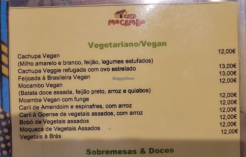 Vegan options section in the menu at Casa Mocambo in Lisbon