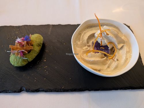 Amuse Duo: 
Opening
-	fermented fennel seed sausage, avocado & lime-truffle cream, tamari marinated taro, puff pastry
Upward
-	sunchoke soup, fermented caraway seed whipped cre at Elizabeth's in Washington