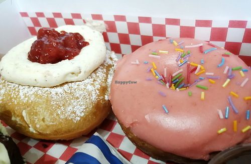 Jam and cream doughnut and stawberry glazed and sprinkled doughnut at Future Doughnuts in Bristol