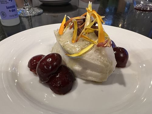 Cacao Butter Mousse with Local Cherries, Verbena Nectar and House-Fermented Costa Rican Cacao Nibs  at El Aguacate Vegan in Tamarindo