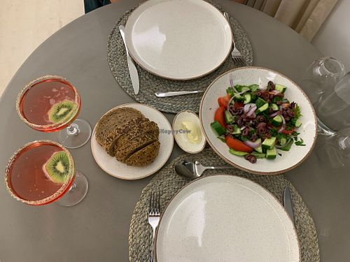 Gourmet plant-based/vegan dinner and mocktail to start dinner in the Beta Suite at Mod Santorini in Santorini