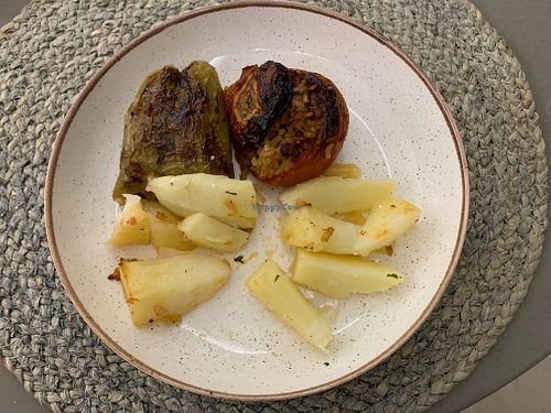 potatoes, stuffed tomatoes and stuffed peppers at Mod Santorini in Santorini