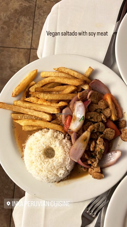 Vegan lomo saltado with soy meat   at Inka in Palm Springs