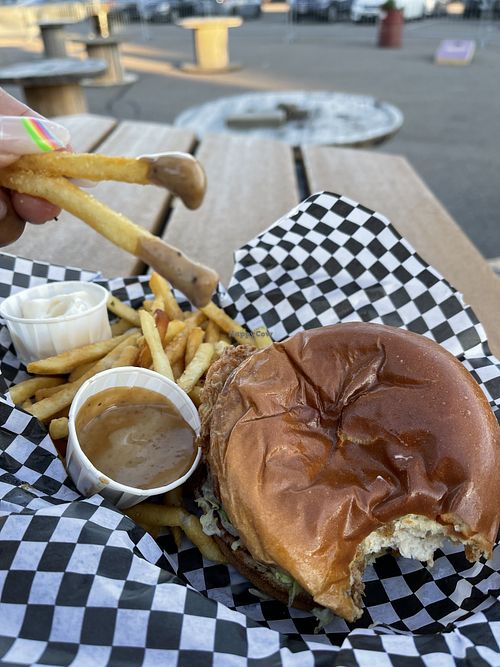Fríes dipped in pub sauce. So good!  at FRANCIS in Minneapolis