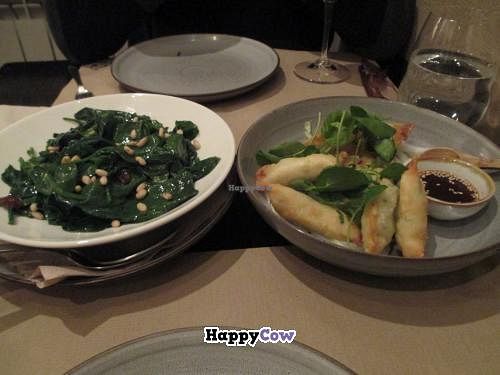Sauteed spinach with pine nuts and gyoza. at Cocina Vegetariana Internacional in Madrid