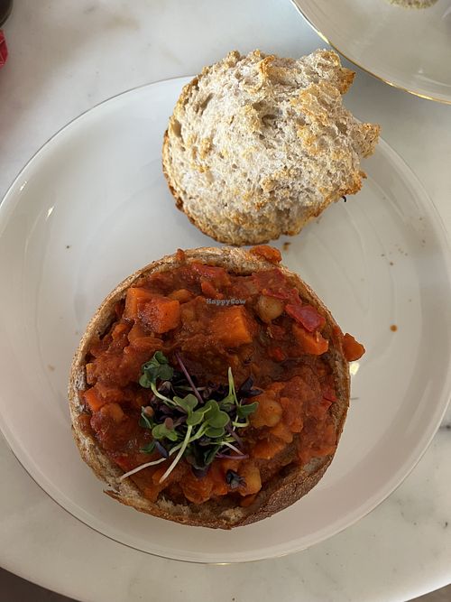 Chili sin carne in bread bowl.  at Marstang in Marstal