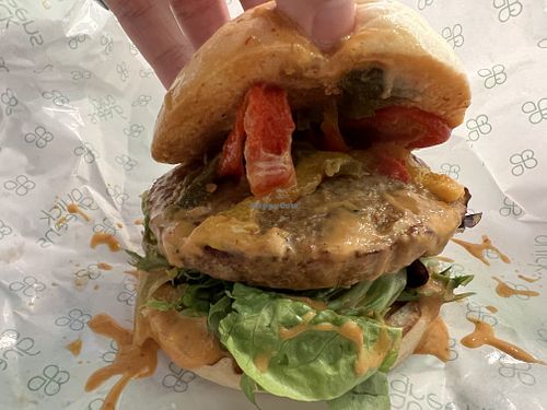 Sweet heat stack burger $15.80  at Quick Greens - Funan Ctr in Central Singapore