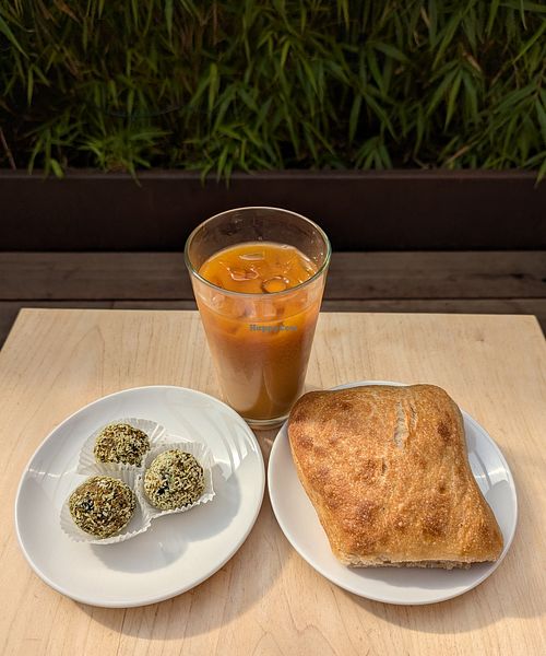 Tide Truffles, cold brew, and ciabatta bread at Sea Level Bakery + Coffee in Cannon Beach