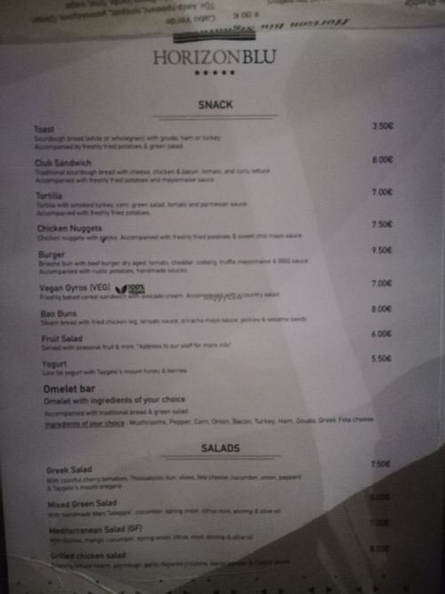 Menu at Horizon Blu in Kalamata