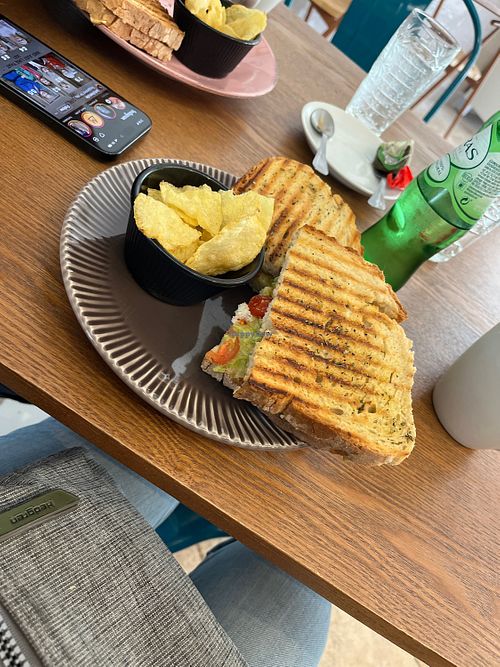 Vegan avocado, cheese and tomato  toasted sandwich   at Village Brunch & Coffee in Nazare