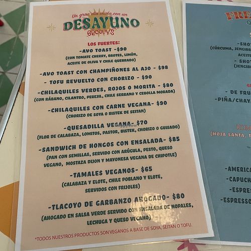 Breakfast menu  at Groovy's Taqueria Vegana in Mexico City