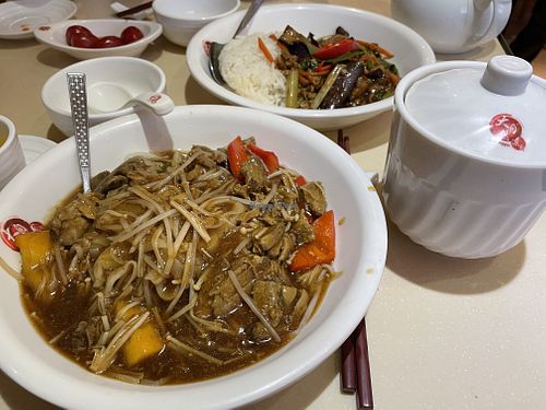Noodles with mushroom and some kind of mock meat, served with soup and tea, as lunch set at Gaia Veggie Shop - Causeway Bay in Hong Kong Island