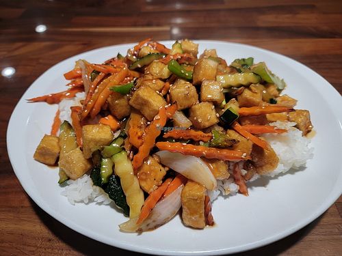 Tofu veggie stir fry with white rice at Nanlangka - Teppanyaki & Sushi Bar in Porterville