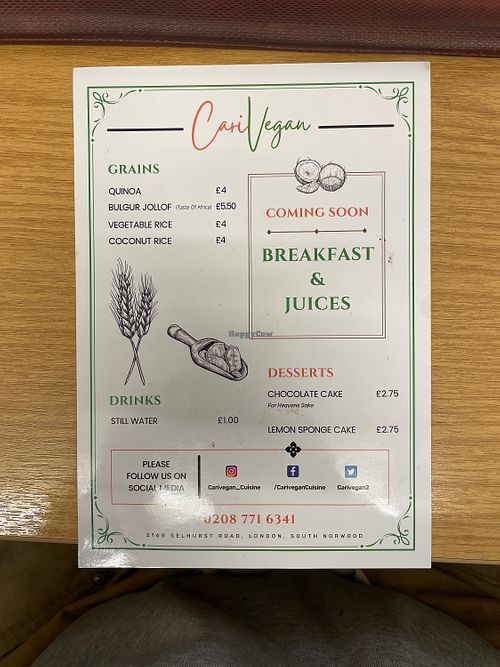 Menu 2 at Carivegan  in South East London