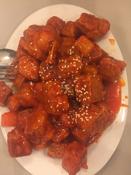 Pineapple delight (sweet and sour tofu) at Po Kong Vegetarian Restaurant in Vancouver