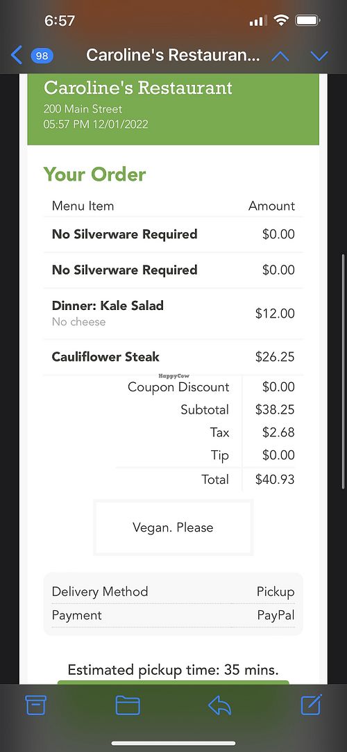 Instructions and overpriced bill  at Caroline's in Dubuque