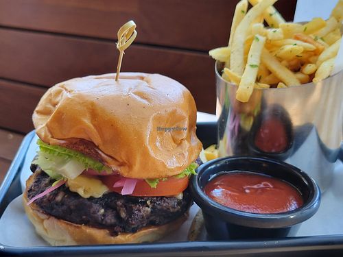 Black bean burger and fries at Stache West Hollywood in West Hollywood