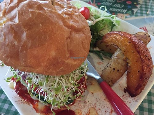 Burger - The Drama Queen
Crispy soy platter with Korean Spicy Sauce & home Made Soy Basil Mayo, Alfalfa, Onion, Potato Pumpkin Wedges & Mixed Salad at Veggie4Love in Hong Kong Island