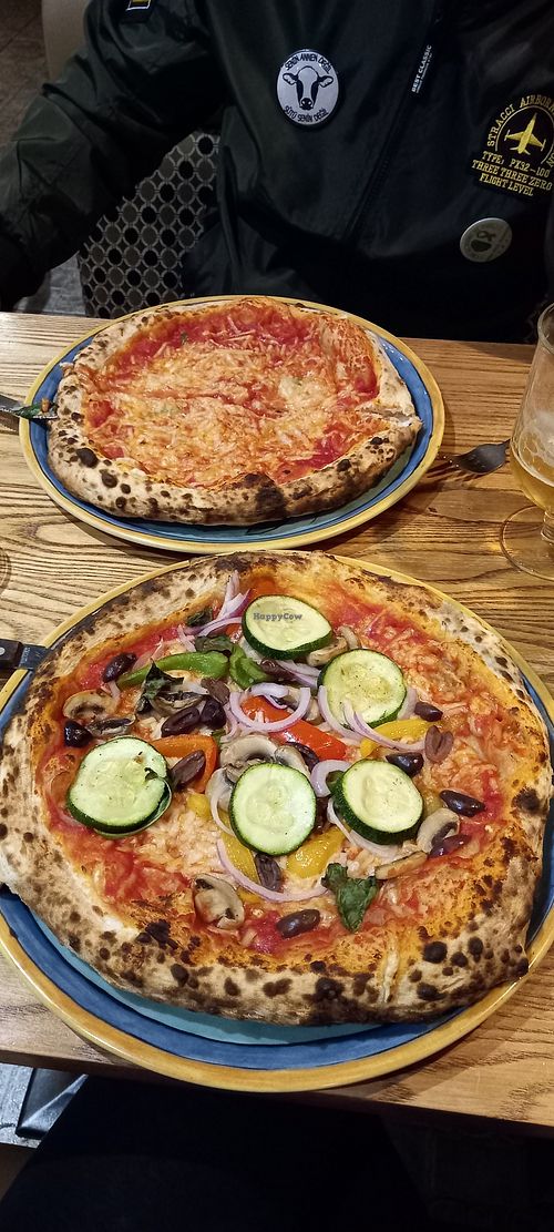 Vegan margherita and vegan vegetables pizza at Lombardi's in Chesterfield