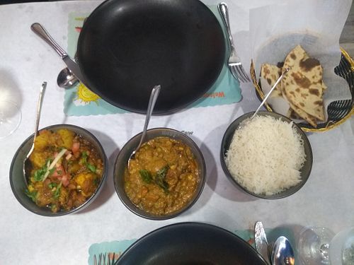 Aloo Gobi, Veg Chettinaud, Rice, and Roti at Aroma Indian Cuisine in Naples